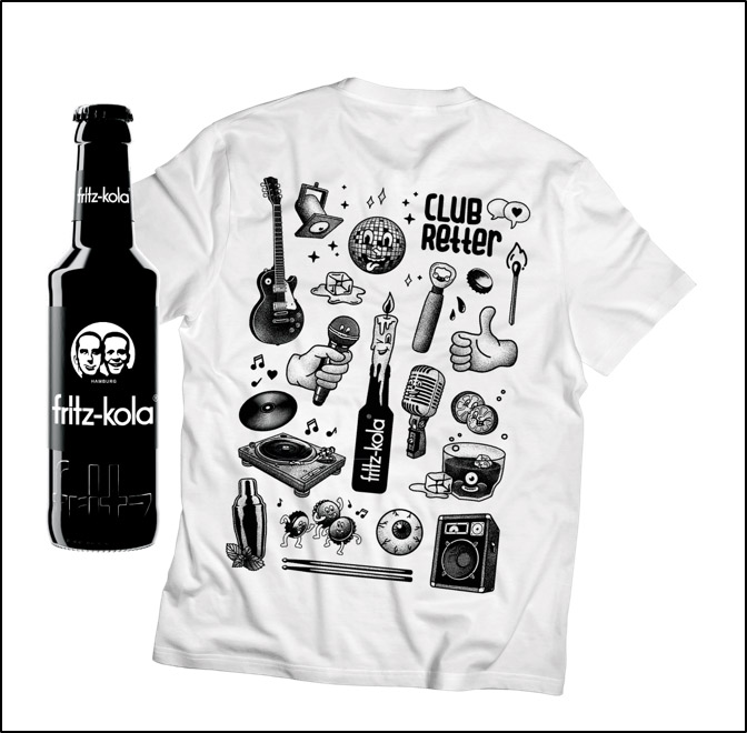 Das fritz-kola-Special Ticket enthält eine Flasche fritz-kola Sonderedition mit exklusivem Club-Retter-Etikett, ein exklusives fritz-kola Club-Retter-Shirt sowie eine Postkarte mit Club-Retter Motiv.